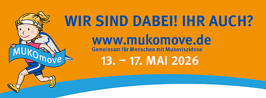 Gelbes Banner mit Text 'WIR SIND DABEI! IHR AUCH?' und Webadresse 'www.mukomove.de' sowie Datum '13. - 17. MAI 2026'