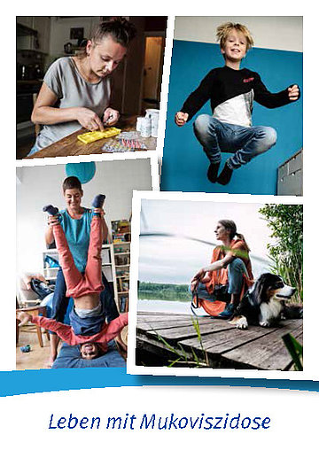 Fotocollage aus vier Fotos mit unterschiedlichen Alltagsmotiven. Darunter steht "Leben mit Mukoviszidose".