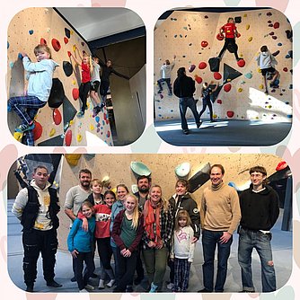 Fotocollage von drei Aufnahmen in einer Boulderhalle. Wir sehen Menschen unterschiedlichen Alters, die sich an einer Boulderwand probieren und ein Gruppenfoto von allen