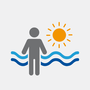 Symbol für Klimafahrten mit Wellen und Sonne hinter dem Umriss einer Person