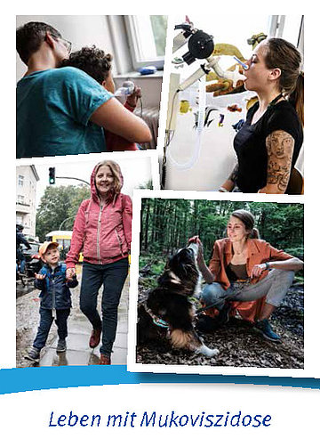 Fotocollage aus vier Fotos mit unterschiedlichen Alltagsmotiven. Darunter steht "Leben mit Mukoviszidose".